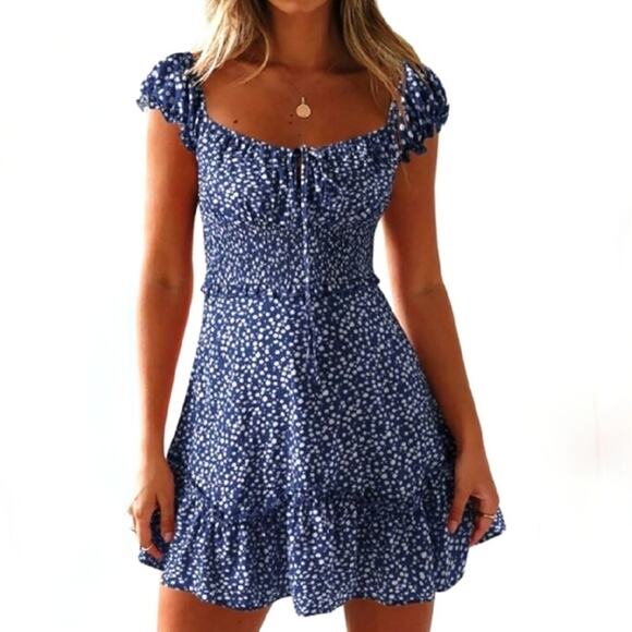 Valphsio Womens Smocked Dress Ruffle Floral Tie Front Boho Short Dress Small - Picture 1 of 9
